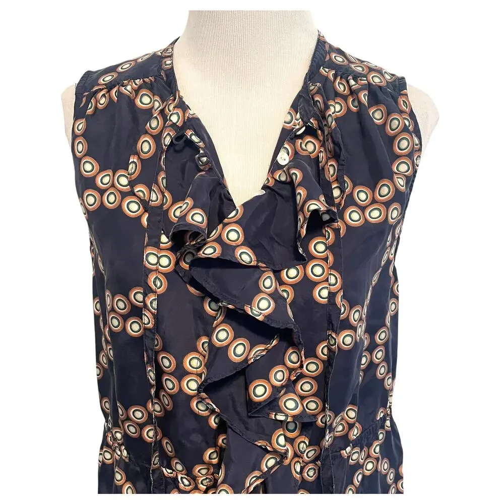 Anthropologie LIL Bullseye Silk Dress Womens Size 4 Blue Geo Print Ruffle Career - Picture 3 of 10